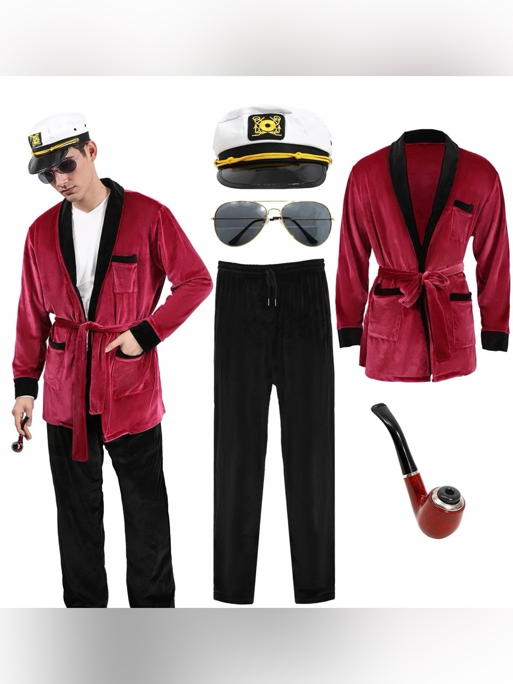 Captain Bunny Robe Silky Long Sleeve Pajamas with Sunglasses Hat Pipe Hefner new